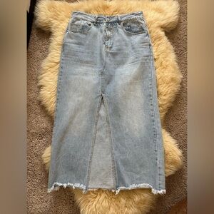 Classic Light Blue Denim Midi Skirt with Front Slit